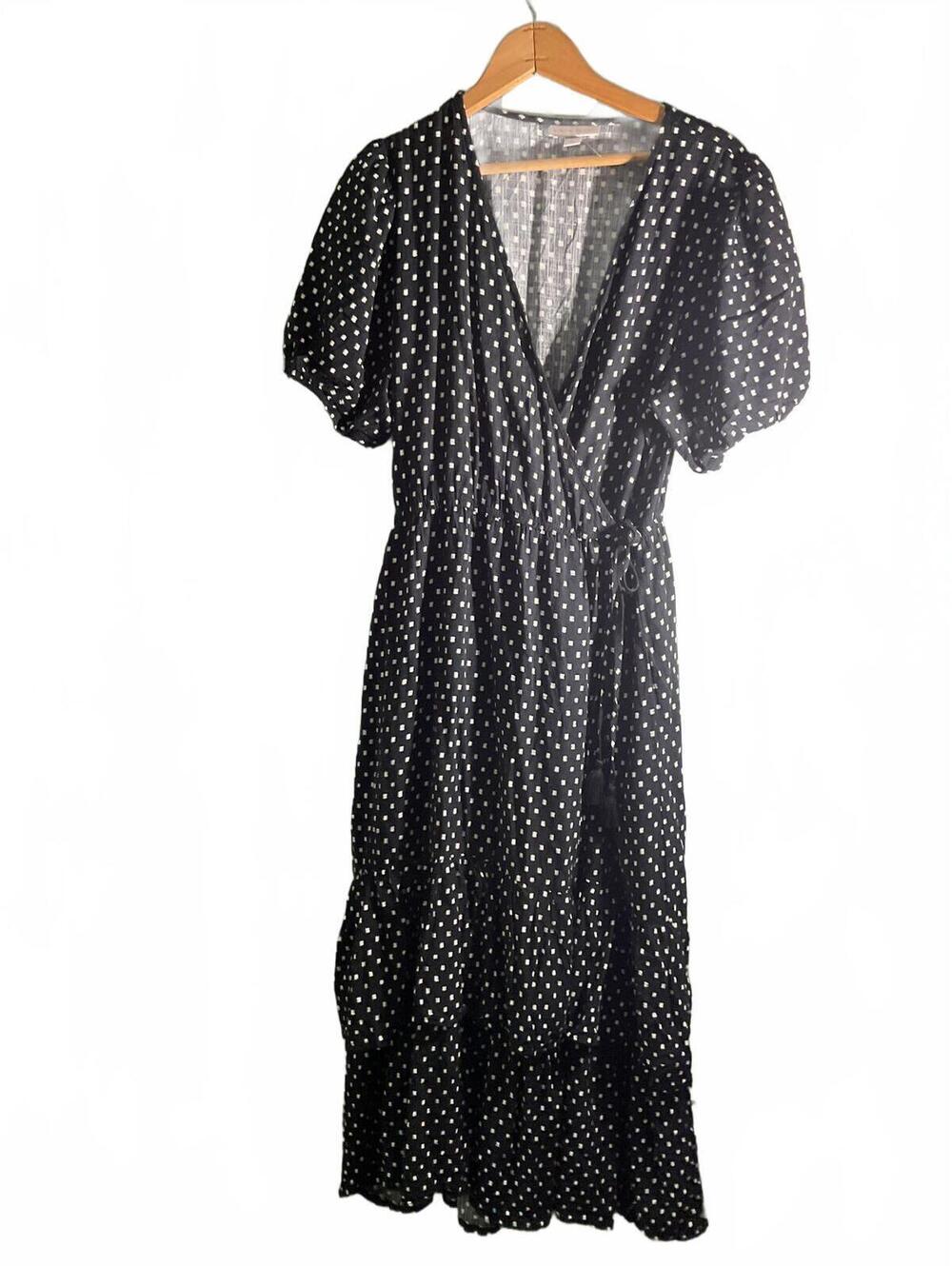 Knox Rose Black & White Dot Print Wrap Dress Size L Puff Sleeve Tiered Midi - Picture 2 of 11